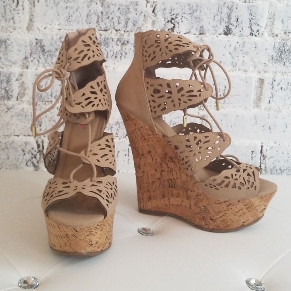 nude strappy wedges never worn